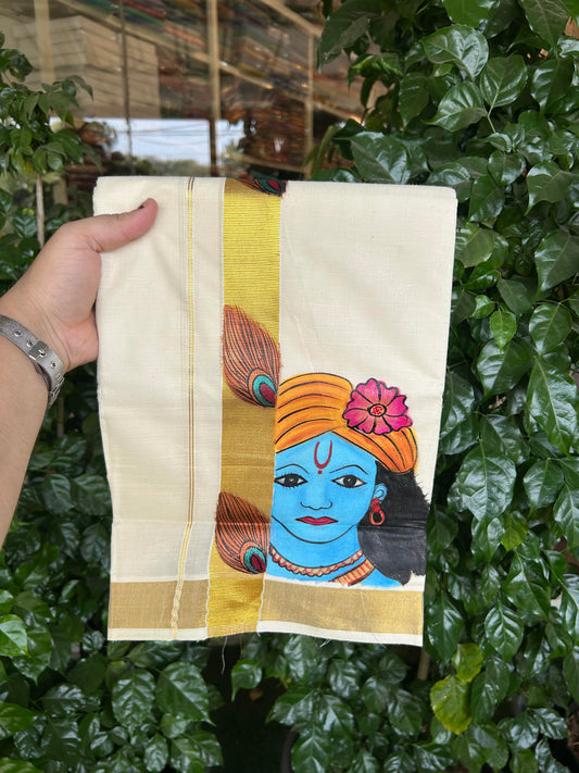 20% Discount! KaithariKada Balaramapuram 100% Cotton off white Double - (Unbleached) Mundu/Dhoti (80s) - 1.5 Inch Gold Kasavu Hand Painted Peacock Feather & Krishna - 37 KK5363 VIN