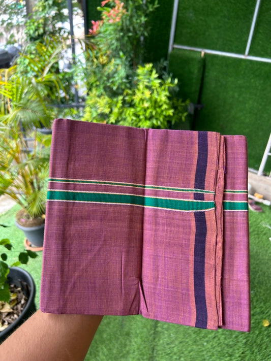 Handloom Single Hallmarked - 10% Discount !! KaithariKada 100% Pure Cotton - Mundu/Dhoti - Onion Pink Body - 0.5 inch Dark Green & Orange Stripes Kara- (2 meter / 4 muzham) - 53 KK8032 ELA