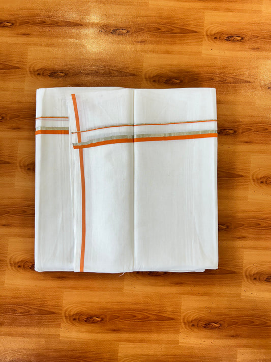 Pure White Double Mundu/Dhoti - 20% Discount ! Kaitharikada 100% Cotton - 100x80 - 1 cm Silver Kasav & Light Orange Stripes Kara 3.80 mtr (8 muzham) - 30 KK5456 THI