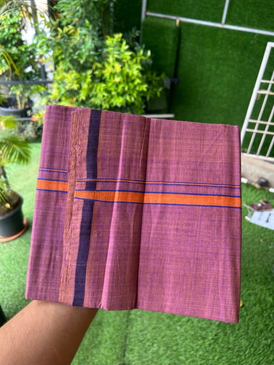 Handloom Single Hallmarked - 10% Discount !! KaithariKada 100% Pure Cotton - Mundu/Dhoti - Onion Pink Body - 0.75 inch Orange & Blue Stripes Kara- (2 meter / 4 muzham) - 51 KK8032 ELA