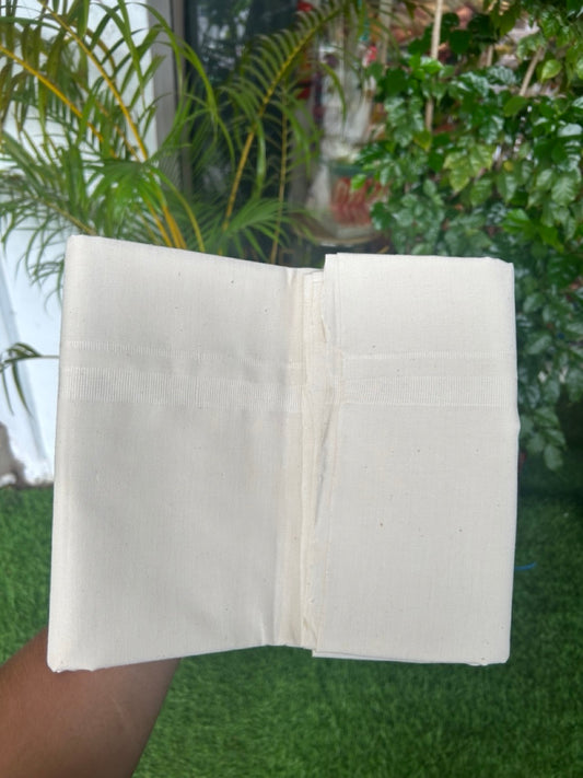 30%DISCOUNT!! SIGNATURE KAITHARIKADA EXCLUSIVE SINGLE DHOTI - 100% Cotton Balaramapuram HANDLOOM Single Mundu/Dhoti - Off White - (Unbleached) 0.75 inch White Kara (1.90 meter / 4 muzham)- 1KK5194KAI