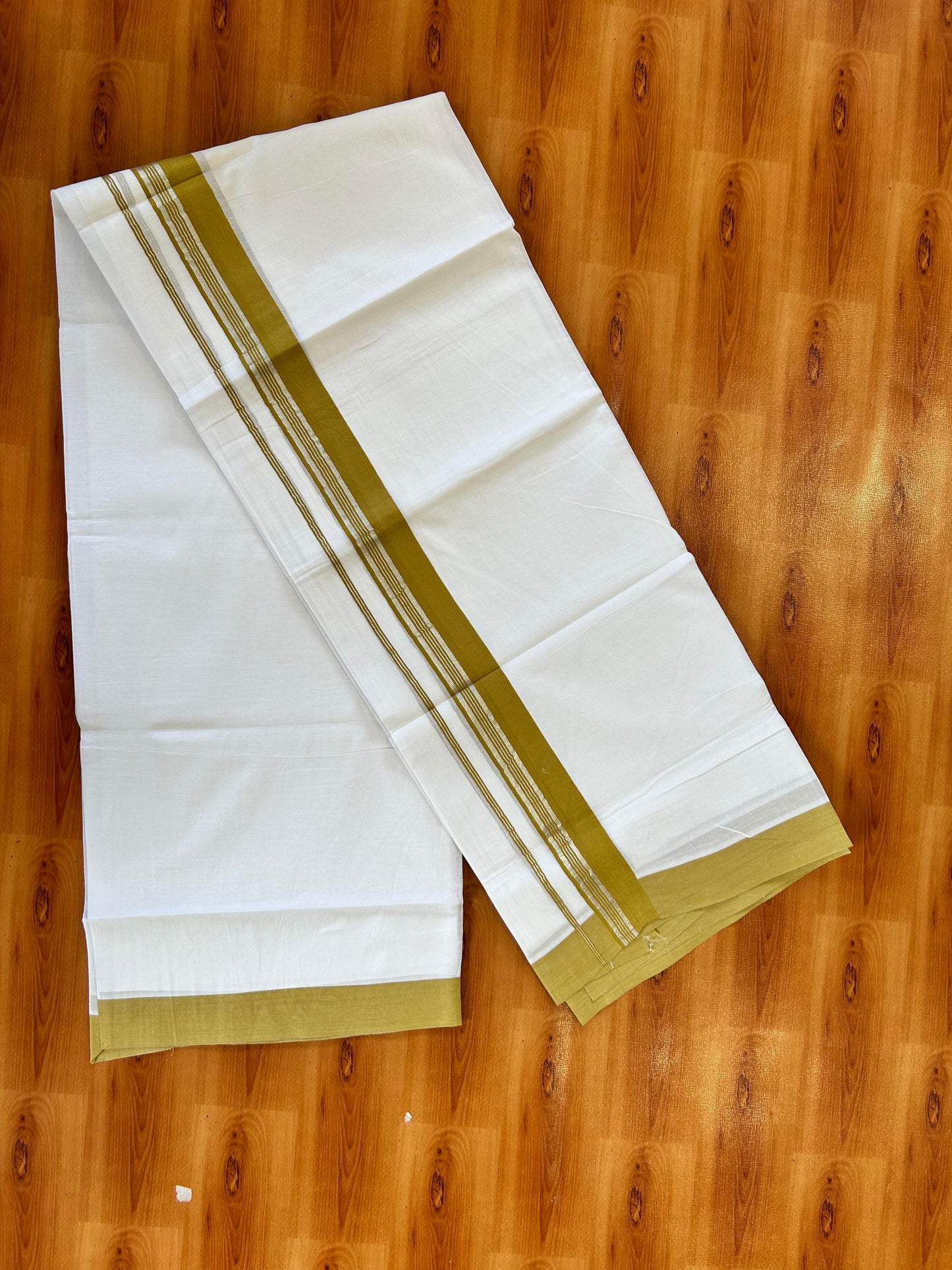 Pure White Double Mundu/Dhoti - 20% Discount ! Kaitharikada 100% Cotton - 100x80 - 1.75 inch Silver Kasav & Mustard Stripes Kara 3.80 mtr (8 muzham) - 29 KK5456 THI