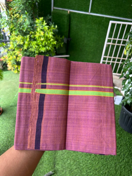 Handloom Single Hallmarked - 10% Discount !! KaithariKada 100% Pure Cotton - Mundu/Dhoti - Onion Pink Body - 0.5 inch Parrot Green & Orange Stripes Kara- (2 meter / 4 muzham) - 52 KK8032 ELA