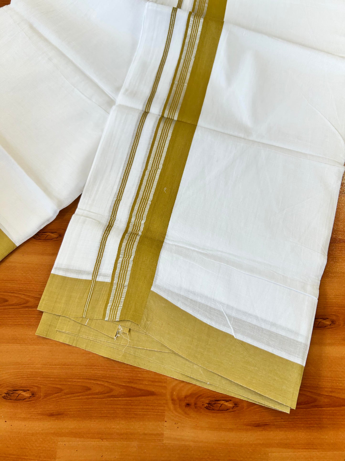 Pure White Double Mundu/Dhoti - 20% Discount ! Kaitharikada 100% Cotton - 100x80 - 1.75 inch Silver Kasav & Mustard Stripes Kara 3.80 mtr (8 muzham) - 29 KK5456 THI