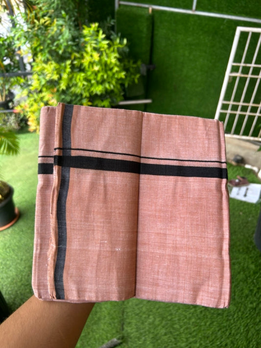 Handloom Single Hallmarked - 10% Discount !! KaithariKada 100% Pure Cotton - Mundu/Dhoti 0.5 inch Black Kara with Peach brown colour Body - (2 meter / 4 muzham) - 37 KK8032 ELA