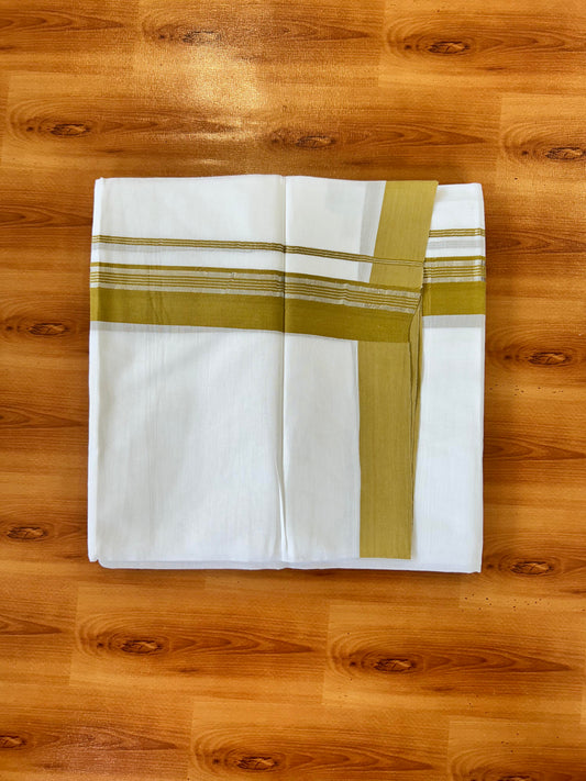 Pure White Double Mundu/Dhoti - 20% Discount ! Kaitharikada 100% Cotton - 100x80 - 1.75 inch Silver Kasav & Mustard Stripes Kara 3.80 mtr (8 muzham) - 29 KK5456 THI
