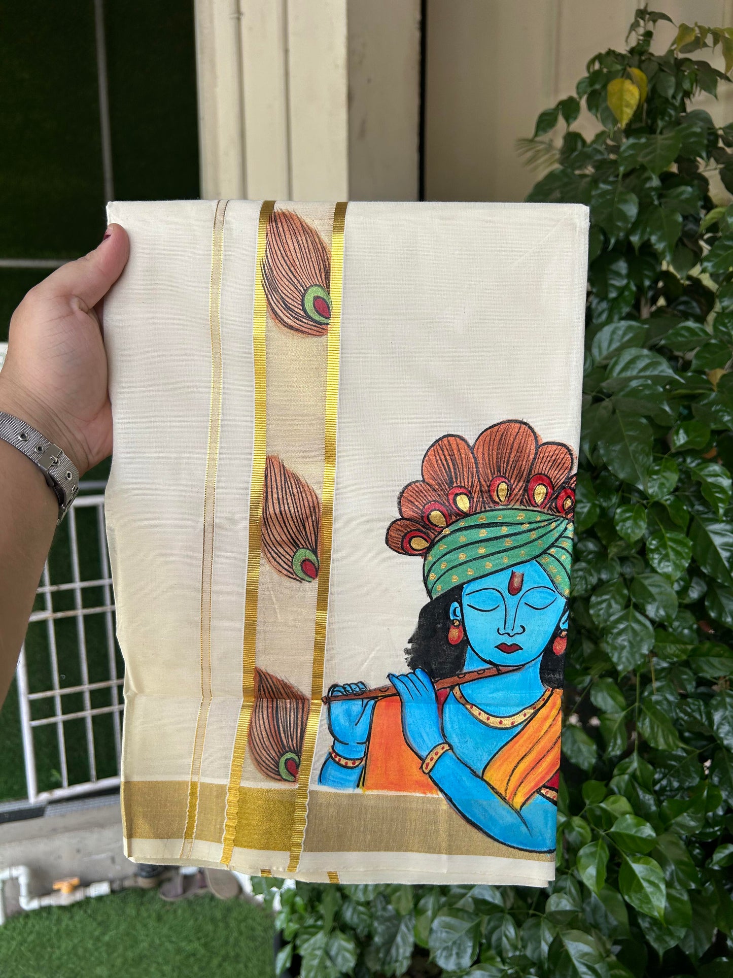 20% Discount! KaithariKada Balaramapuram 100% Cotton off white Double - (Unbleached) Mundu/Dhoti (80s) - 1.75 Inch Gold Kasavu Hand Painted Peacock Feather & Krishna - 35 KK5363 VIN