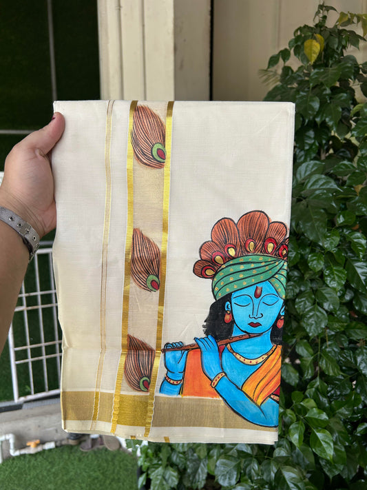 20% Discount! KaithariKada Balaramapuram 100% Cotton off white Double - (Unbleached) Mundu/Dhoti (80s) - 1.75 Inch Gold Kasavu Hand Painted Peacock Feather & Krishna - 35 KK5363 VIN