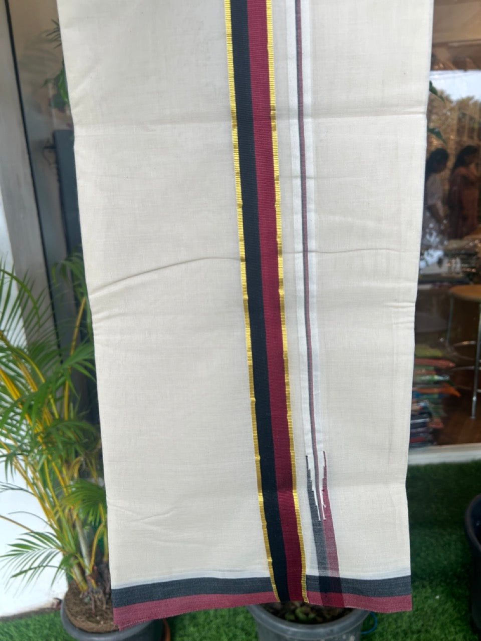 DMK Veshti - 26% Discount !! KaithariKada Balaramapuram Double Off white - (Unbleached) Mundu/Dhoti - 100X100 - 1.25 inch Puliyilakkara Kasavu Maroon & Black Chutty Kara 3.75 meters (8 Muzham) - 1KK5185ASH