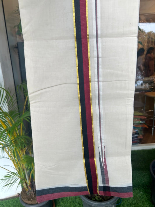 DMK Veshti - 26% Discount !! KaithariKada Balaramapuram Double Off white - (Unbleached) Mundu/Dhoti - 100X100 - 1.25 inch Puliyilakkara Kasavu Maroon & Black Chutty Kara 3.75 meters (8 Muzham) - 1KK5185ASH