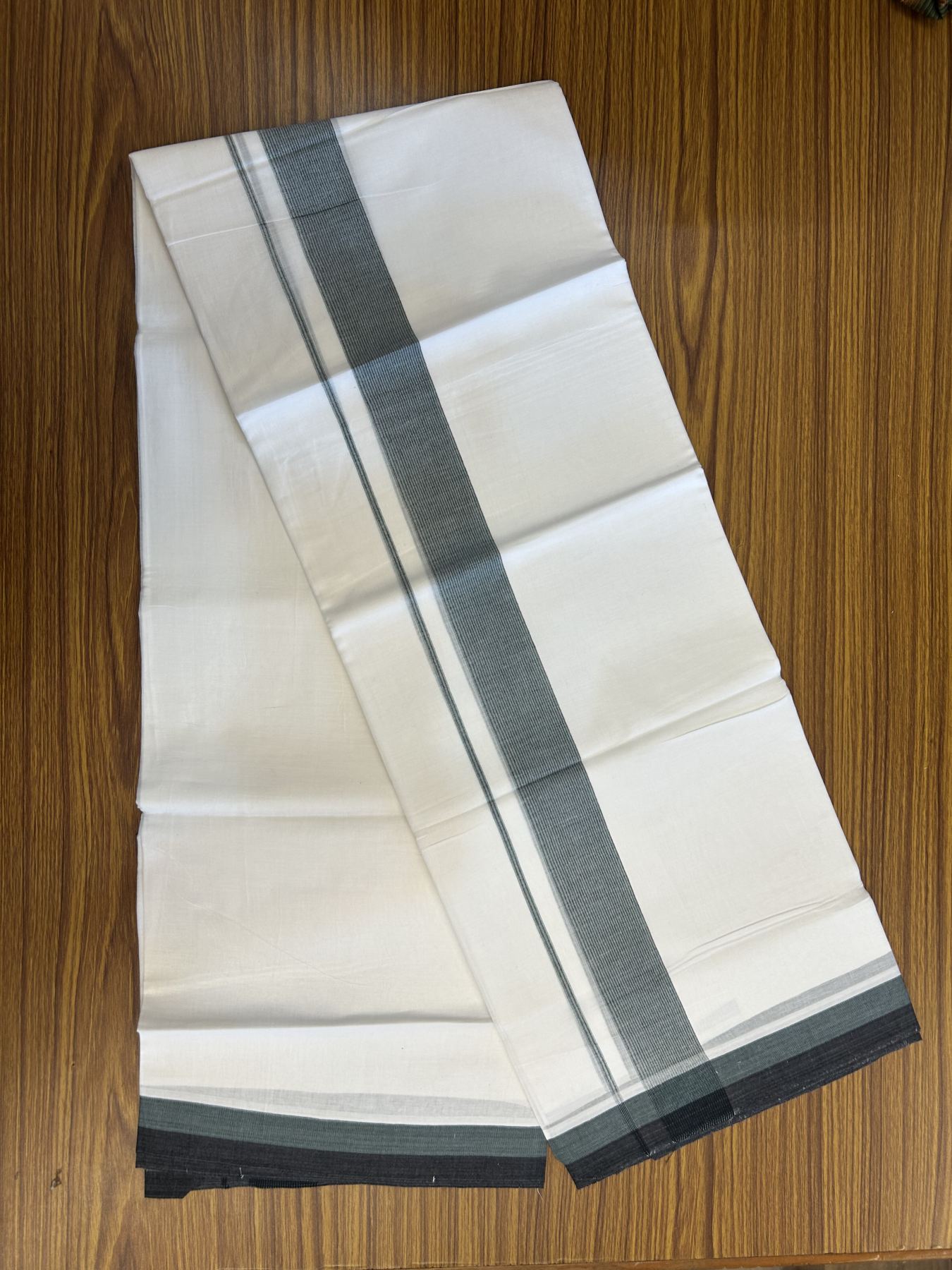 20% Discount! KaithariKada Balaramapuram 100% Cotton Double Pure white Mundu/Dhoti - 100X80 - 1.5 inch Mint green & Black shaded striped kara - 4 mtr ( 8.5 muzham) - 45 KK5341 VIN