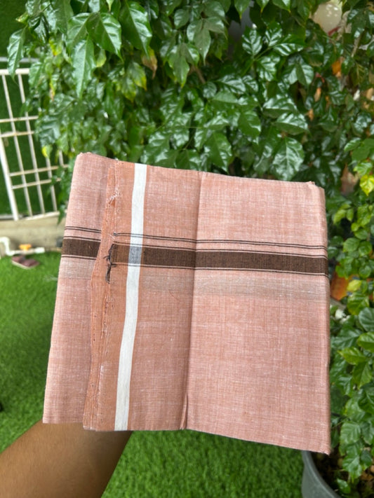 Handloom Single Hallmarked - 10% Discount !! KaithariKada 100% Pure Cotton - Mundu/Dhoti 0.75 inch Brown Kara with Peach brown colour Body - (2 meter / 4 muzham) - 38 KK8032 ELA
