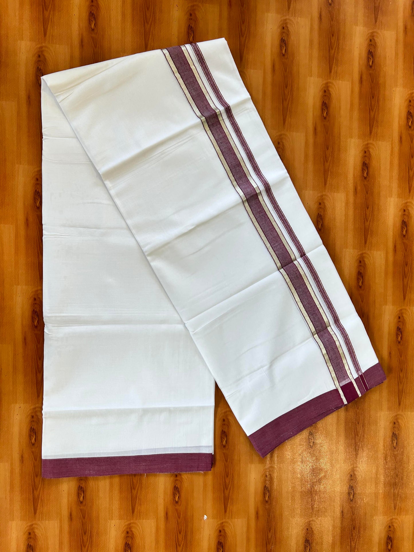Pure White Double Mundu/Dhoti - 20% Discount ! Kaitharikada 100% Cotton - 100x80 - 1.5 inch Silver Kasav & Maroon shaded Kara 3.80 mtr (8 muzham) - 28 KK5456 THI