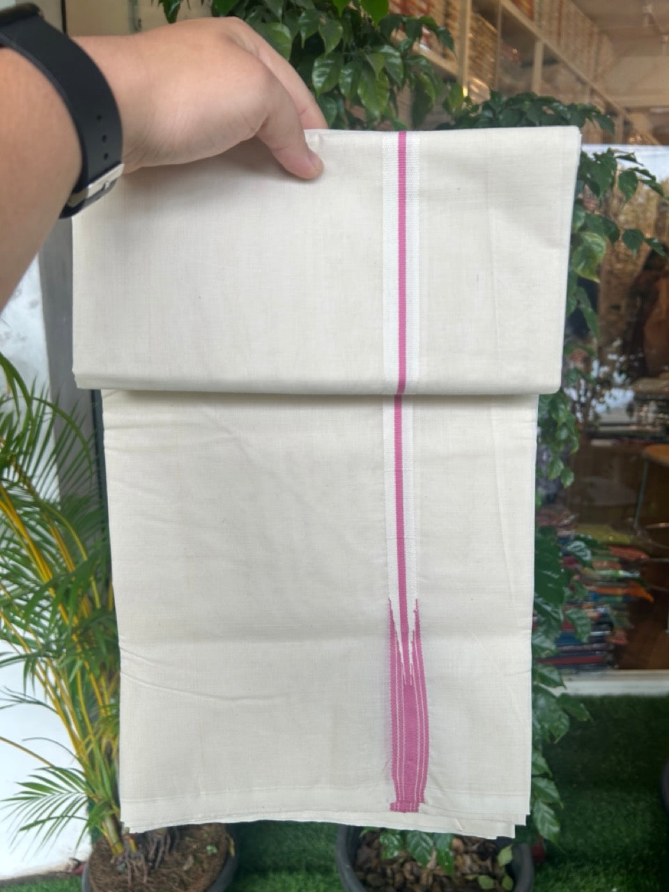 20%OFFER! KaithariKada Balaramapuram 100% Cotton Double OFF WHITE - (Unbleached) Mundu/Dhoti-100x100 - 0.75 inch Puliyilakkara Pink Striped Chutty Kara- 3KK5185ASH