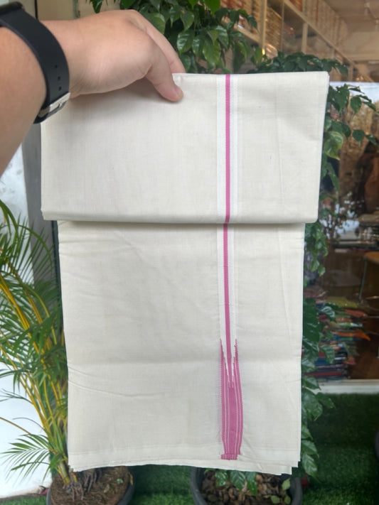 20%OFFER! KaithariKada Balaramapuram 100% Cotton Double OFF WHITE - (Unbleached) Mundu/Dhoti-100x100 - 0.75 inch Puliyilakkara Pink Striped Chutty Kara- 3KK5185ASH
