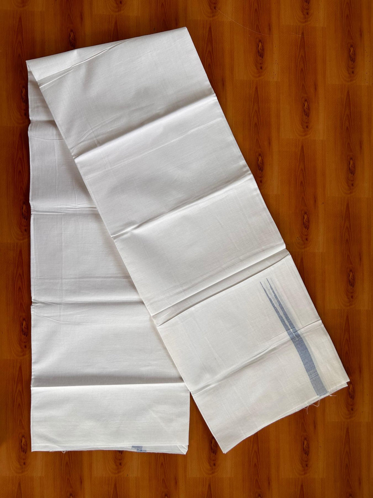 Single Pure white - Kaitharikada 100% Pure Cotton 70x30 Thread Mundu / Dhoti - Puliyilakkara 0.5 inch Sky Blue Stripes Chutty (2 meters / 4 mulam) - 4 KK5521 THI