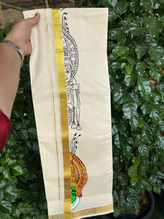 20% Discount! KaithariKada Balaramapuram 100% Cotton off white Double - (Unbleached) Mundu/Dhoti (80s) - 1 Inch Gold Kasavu Hand Painted Kadhakali - 26 KK5363 VIN