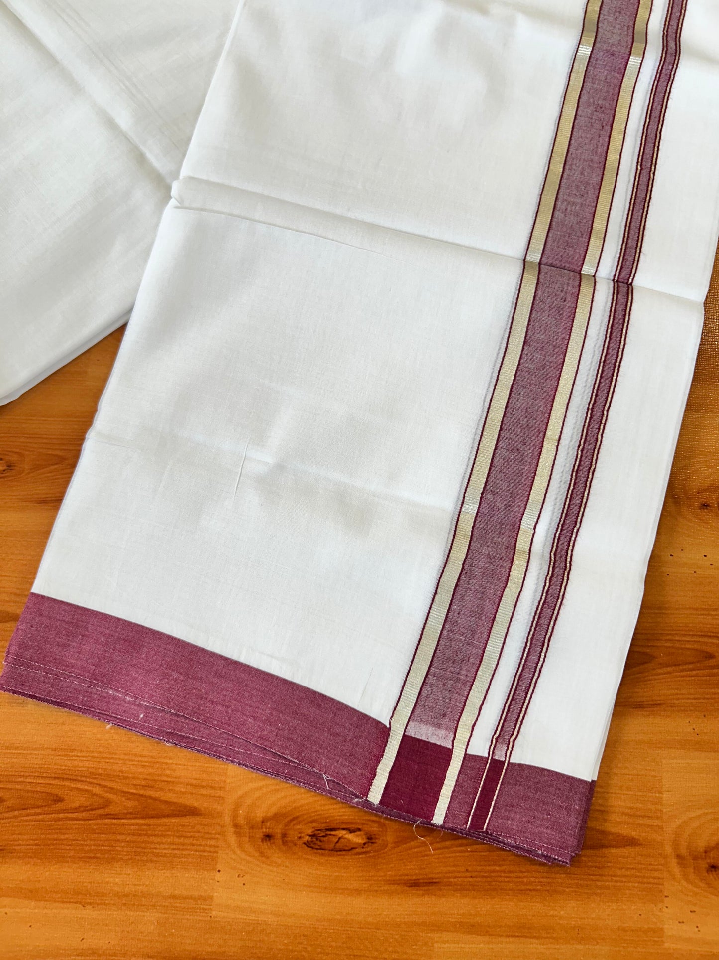 Pure White Double Mundu/Dhoti - 20% Discount ! Kaitharikada 100% Cotton - 100x80 - 1.5 inch Silver Kasav & Maroon shaded Kara 3.80 mtr (8 muzham) - 28 KK5456 THI