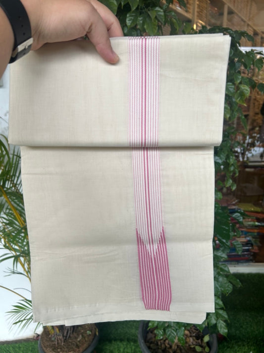 20%OFFER! KaithariKada Balaramapuram 100% Cotton Double OFF WHITE - (Unbleached) Mundu/Dhoti-100x100 - 1.5 inch  12 LINE Puliyilakkara Pink Chutty Kara-  2KK5185ASH