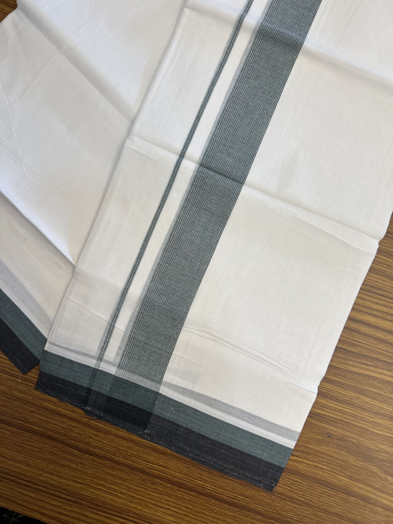 20% Discount! KaithariKada Balaramapuram 100% Cotton Double Pure white Mundu/Dhoti - 100X80 - 1.5 inch Mint green & Black shaded striped kara - 4 mtr ( 8.5 muzham) - 45 KK5341 VIN
