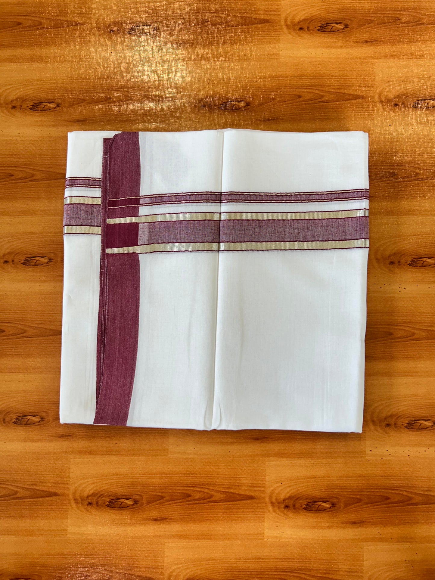 Pure White Double Mundu/Dhoti - 20% Discount ! Kaitharikada 100% Cotton - 100x80 - 1.5 inch Silver Kasav & Maroon shaded Kara 3.80 mtr (8 muzham) - 28 KK5456 THI