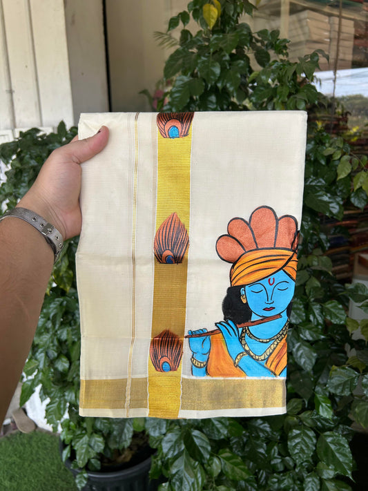 20% Discount! KaithariKada Balaramapuram 100% Cotton off white Double - (Unbleached) Mundu/Dhoti (80s) - 1.5 Inch Gold Kasavu Hand Painted Peacock Feather & Krishna - 39 KK5363 VIN