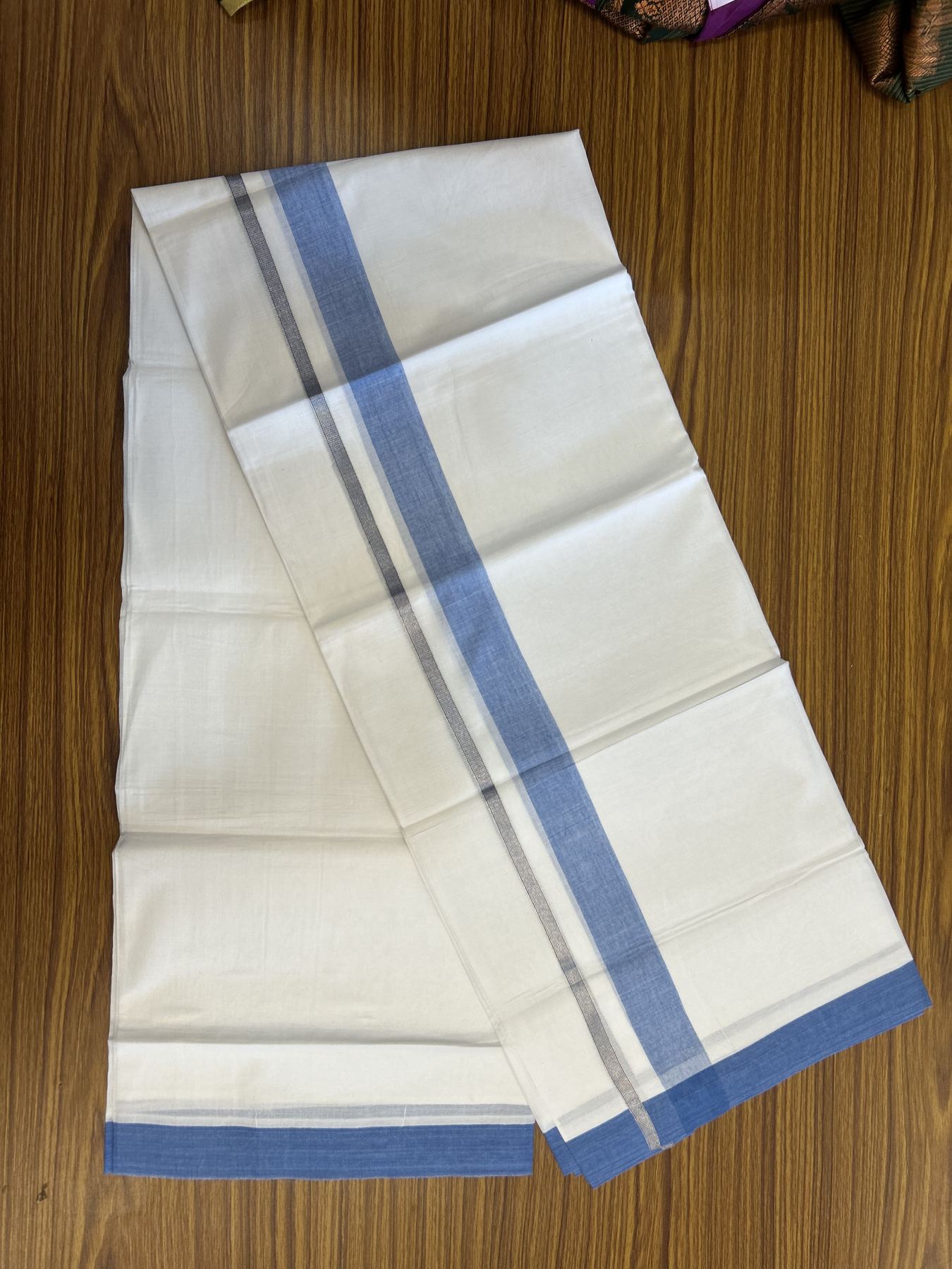 20% Discount! KaithariKada Balaramapuram 100% Cotton Double Pure white Mundu/Dhoti - 100X80 - 1.25 inch Silver Kasav Light Blue shaded kara - 4 mtr ( 8.5 muzham) - 50 KK5341 VIN