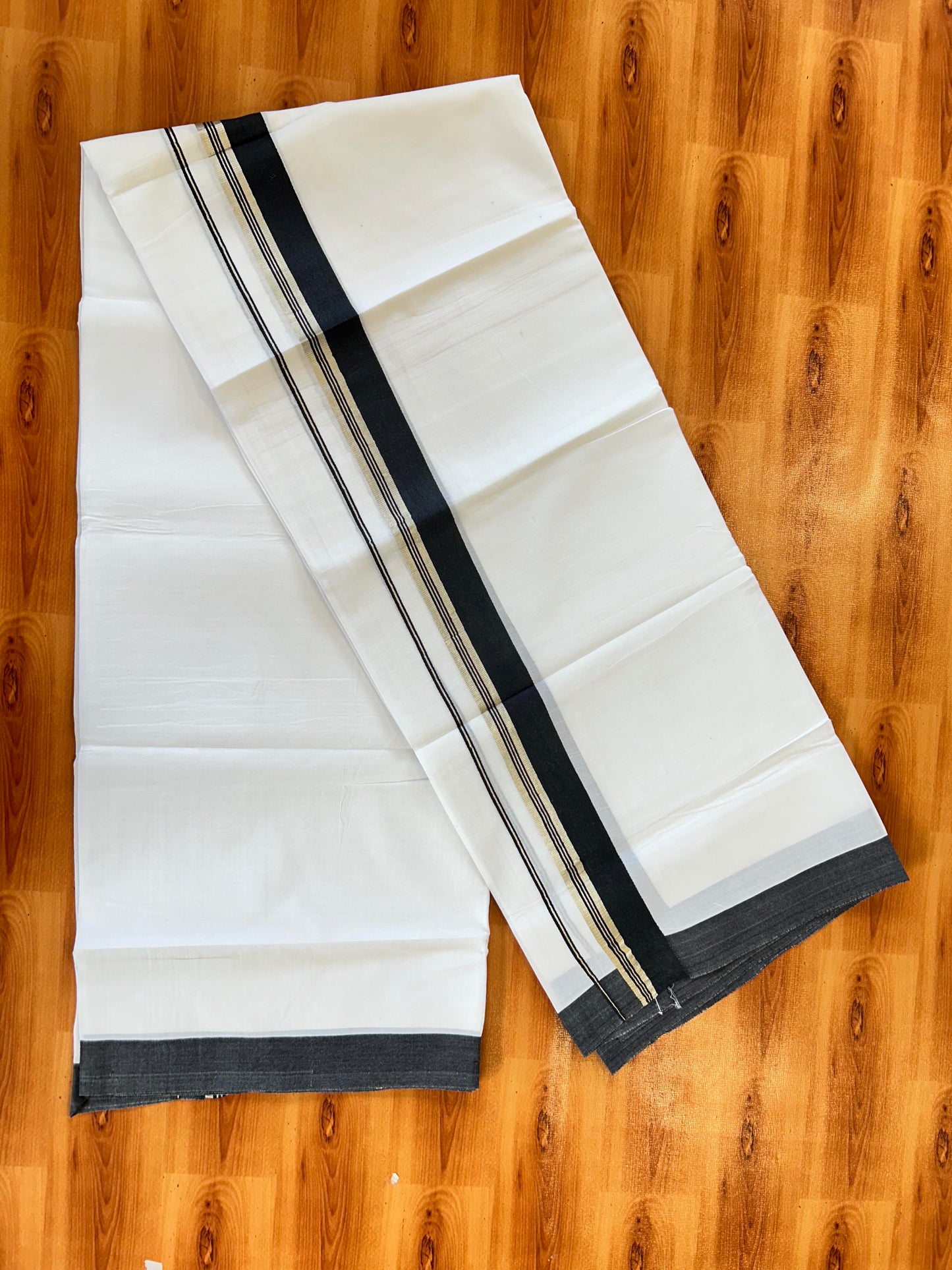 Pure White Double Mundu/Dhoti - 20% Discount ! Kaitharikada 100% Cotton - 100x80 - 1.75 inch Silver Kasav & Black Stripes Kara 3.80 mtr (8 muzham) - 21 KK5456 THI