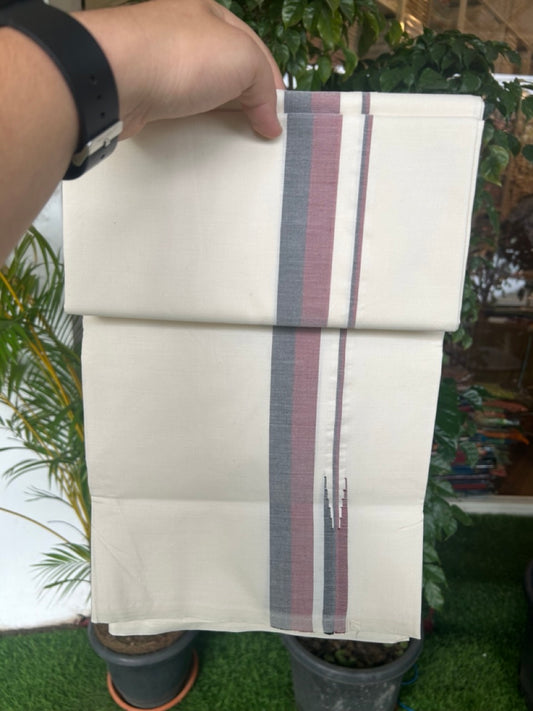 DMK Veshti - 19% Discount !! KaithariKada Balaramapuram 100% COTTON SINGLE OFF WHITE- (Unbleached) Mundu/Dhoti-100X100 -1.25 inch Puliyilakkara Maroon & Black Shaded Chutty (2 meter / 4 muzham) - 5KK5185ASH