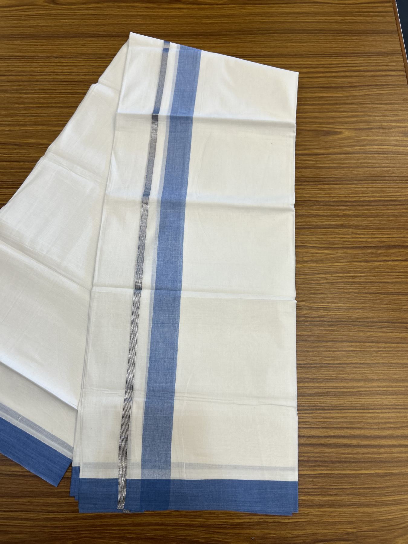 20% Discount! KaithariKada Balaramapuram 100% Cotton Double Pure white Mundu/Dhoti - 100X80 - 1.25 inch Silver Kasav Light Blue shaded kara - 4 mtr ( 8.5 muzham) - 50 KK5341 VIN