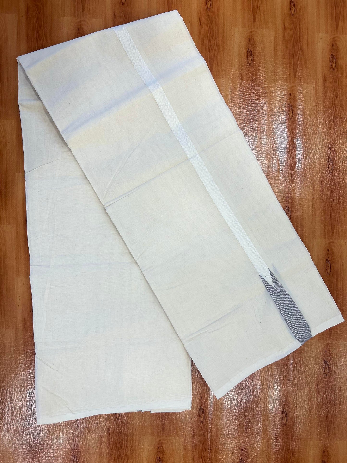 Double Off white Mundu/Dhoti - 23% Discount! KaithariKada Balaramapuram 100% Cotton - 100x100 - 0.5 inch Puliyilakkara Ash Grey Striped Chutty Kara - 4 mtr (8.5 muzham) - 16 KK5401 ASH
