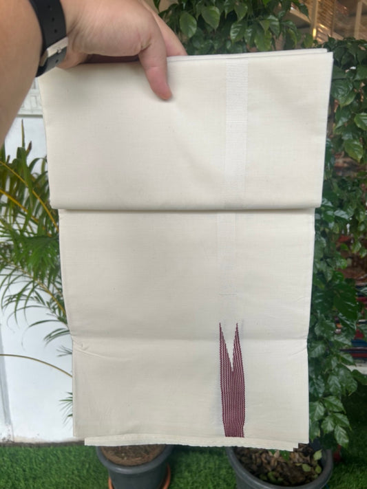 29% DISCOUNT ! KaithariKada Balaramapuram 100% COTTON SINGLE OFF WHITE (Unbleached) Mundu/Dhoti-Twisted 100s Thread- 0.75inch Puliyilakkara Maroon Striped Chutty Kara  (2 meter / 4 muzham)- 4KK5185ASH