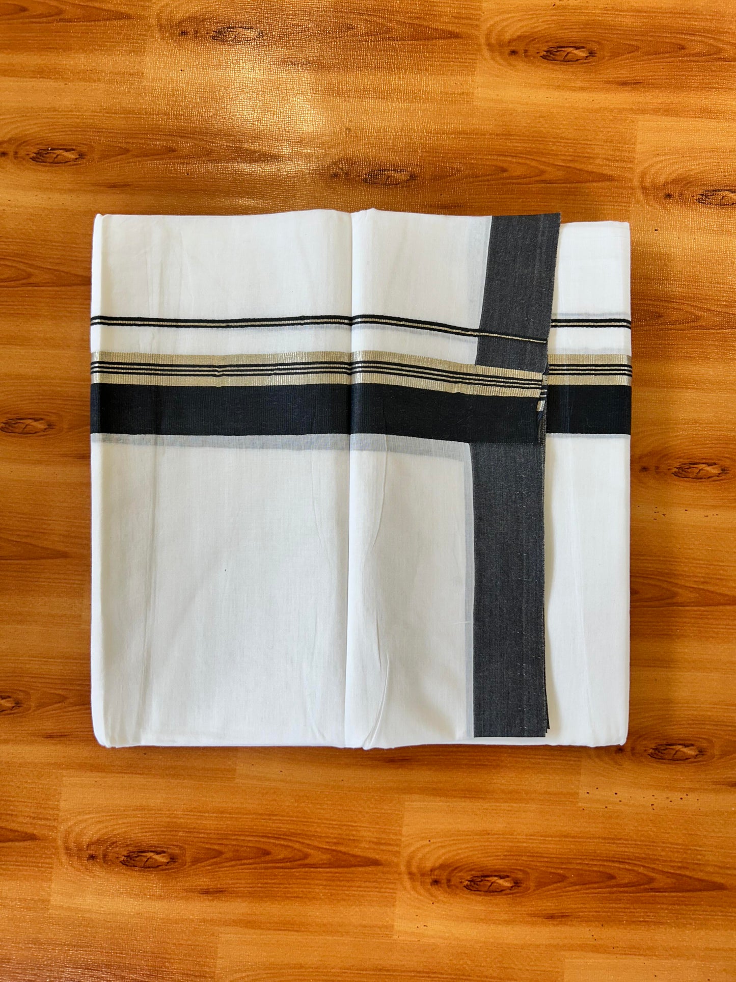 Pure White Double Mundu/Dhoti - 20% Discount ! Kaitharikada 100% Cotton - 100x80 - 1.75 inch Silver Kasav & Black Stripes Kara 3.80 mtr (8 muzham) - 21 KK5456 THI