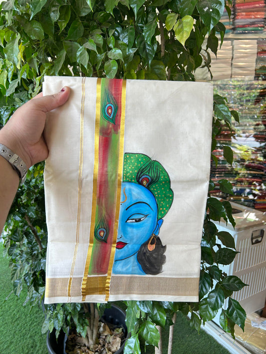 20% Discount! KaithariKada Balaramapuram 100% Cotton off white Double - (Unbleached) Mundu/Dhoti (80s) - 1.75 Inch Gold Kasavu Hand Painted Red Green Peacock Feather & Krishna - 40 KK5363 VIN