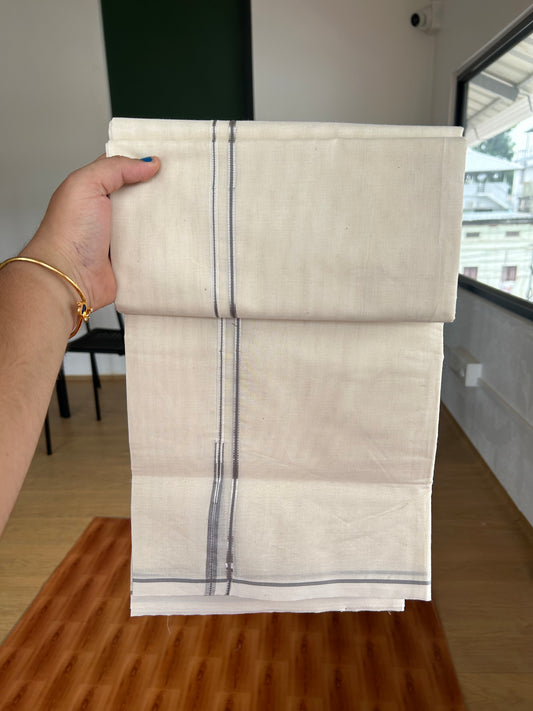 20% Discount! KaithariKada Balaramapuram 100% Cotton Double Off white Mundu/Dhoti- 100x100 - 0.3 cm Puliyilakkara Silver Kasav & Grey Chutty Kara - 4 mtr (8.5 muzham) - 14 KK5381 ASH