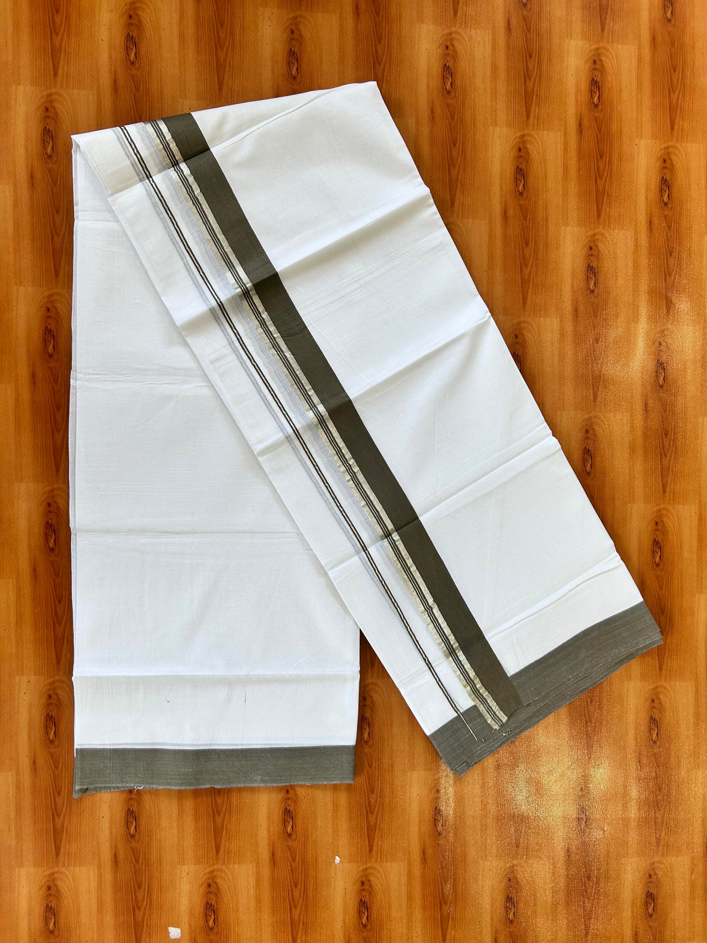 Pure White Double Mundu/Dhoti - 20% Discount ! Kaitharikada 100% Cotton - 100x80 - 1.75 inch Silver Kasav & Deep Olive Green Stripes Kara 3.80 mtr (8 muzham) - 20 KK5456 THI