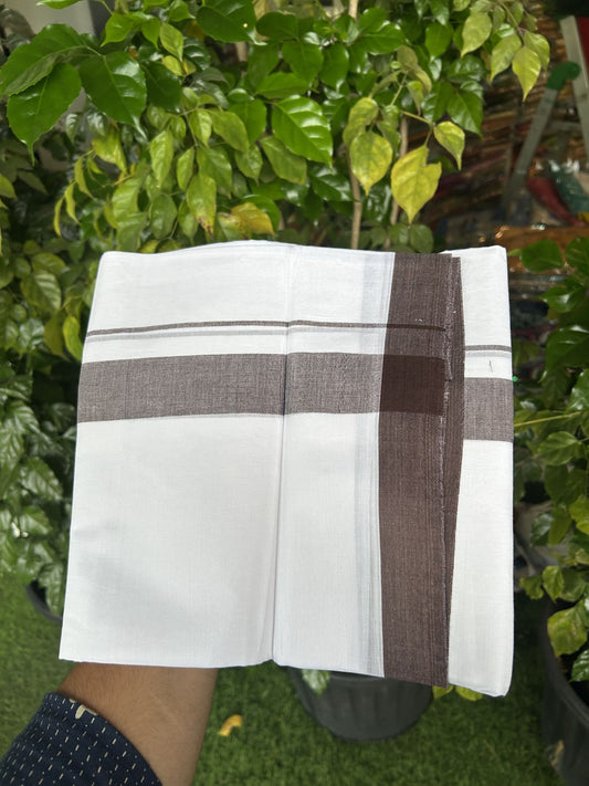 20% Discount! KaithariKada Balaramapuram 100% Cotton Double Pure white Mundu/Dhoti - 100X80 - 1.5 inch Brown shaded kara - 4 mtr ( 8.5 muzham) - 43 KK5341 VIN
