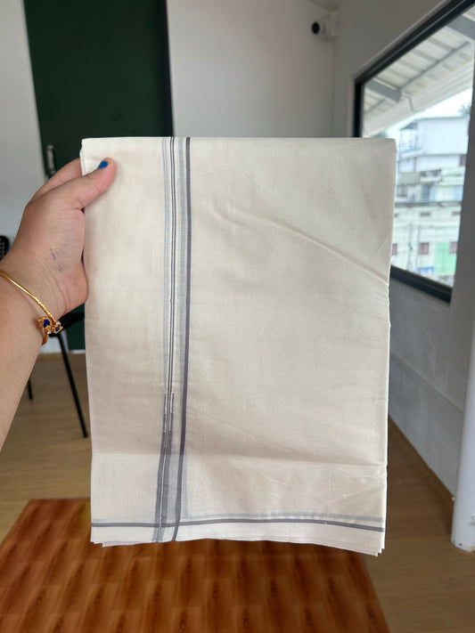 20% Discount! KaithariKada Balaramapuram 100% Cotton Double Off white Mundu/Dhoti- 100x100 - 0.3 cm Puliyilakkara Grey Chutty Kara - 4 mtr (8.5 muzham) - 12 KK5381 ASH