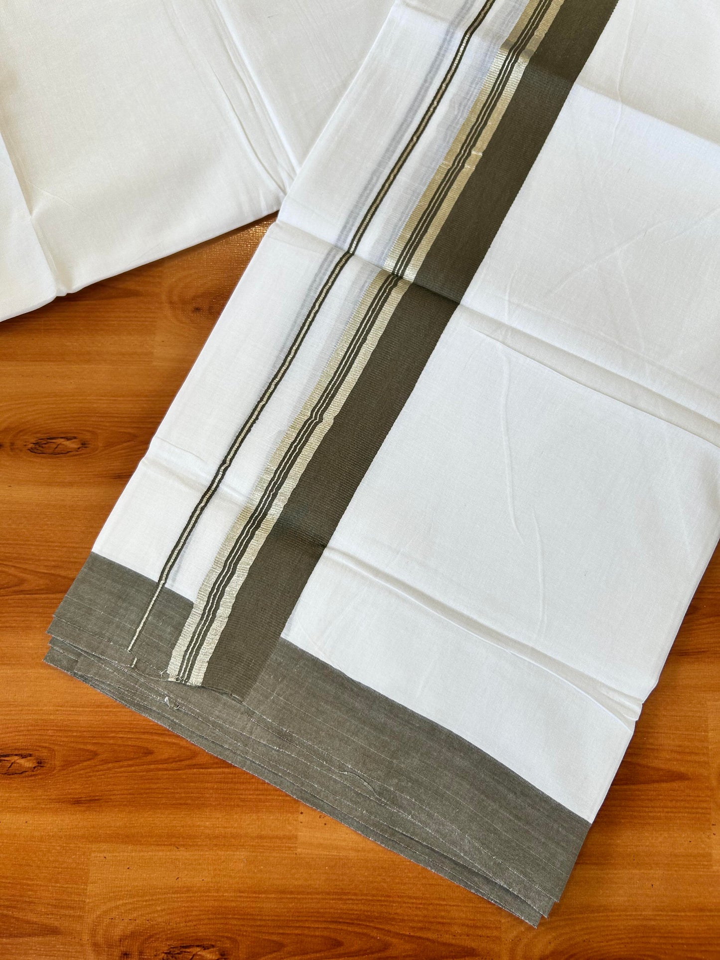 Pure White Double Mundu/Dhoti - 20% Discount ! Kaitharikada 100% Cotton - 100x80 - 1.75 inch Silver Kasav & Deep Olive Green Stripes Kara 3.80 mtr (8 muzham) - 20 KK5456 THI