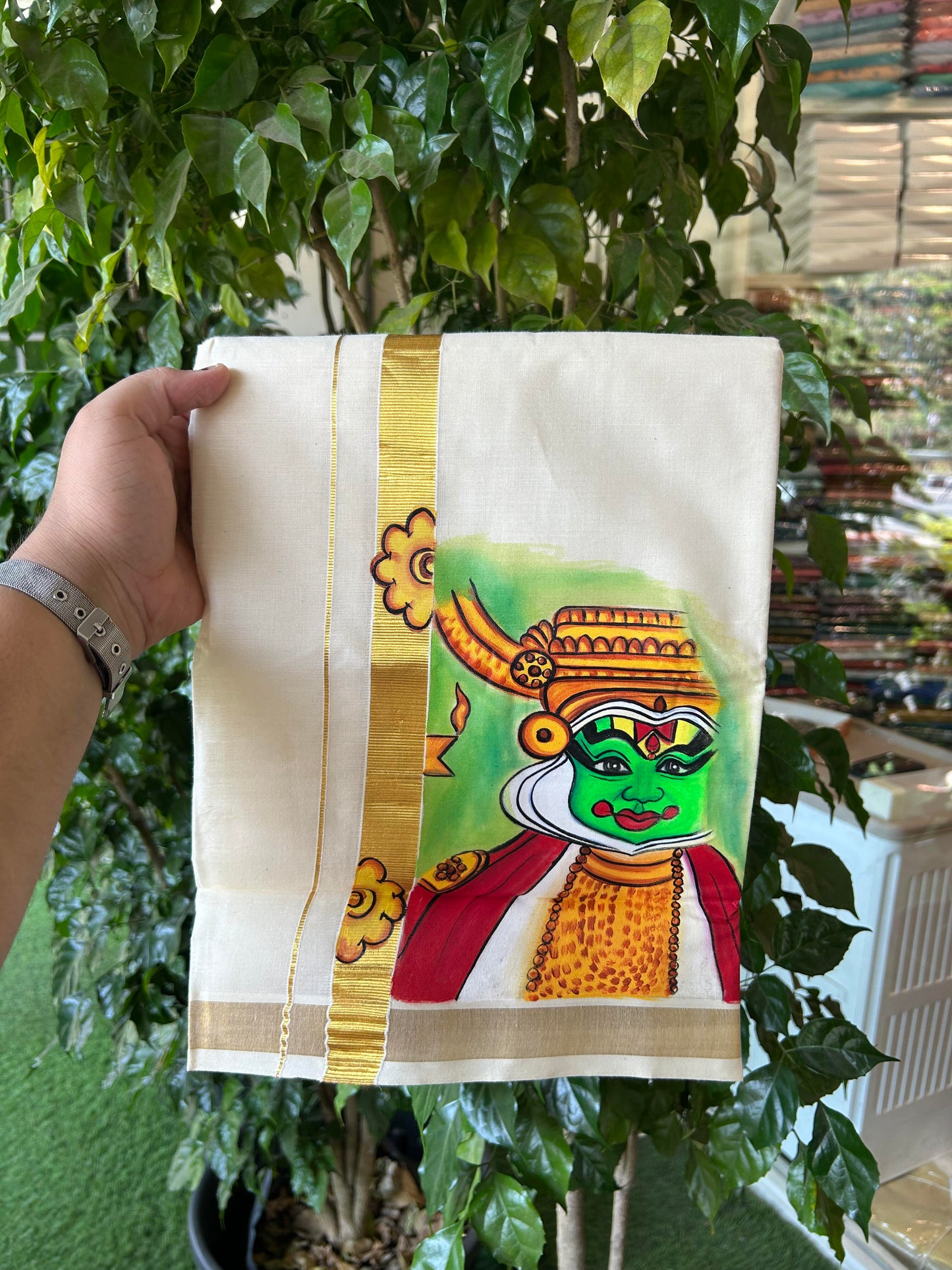 20% Discount! KaithariKada Balaramapuram 100% Cotton off white Double - (Unbleached) Mundu/Dhoti (80s) - 1 Inch Gold Kasavu Hand Painted Half Flower & Kadhakali - 24 KK5363 VIN