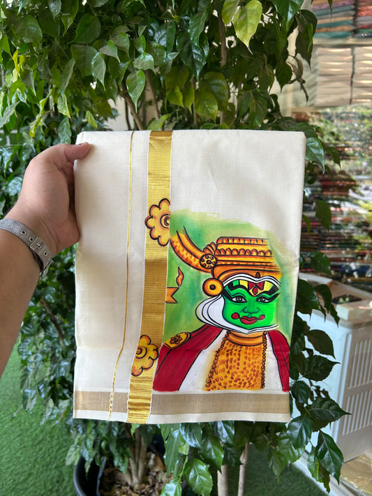 20% Discount! KaithariKada Balaramapuram 100% Cotton off white Double - (Unbleached) Mundu/Dhoti (80s) - 1 Inch Gold Kasavu Hand Painted Half Flower & Kadhakali - 24 KK5363 VIN