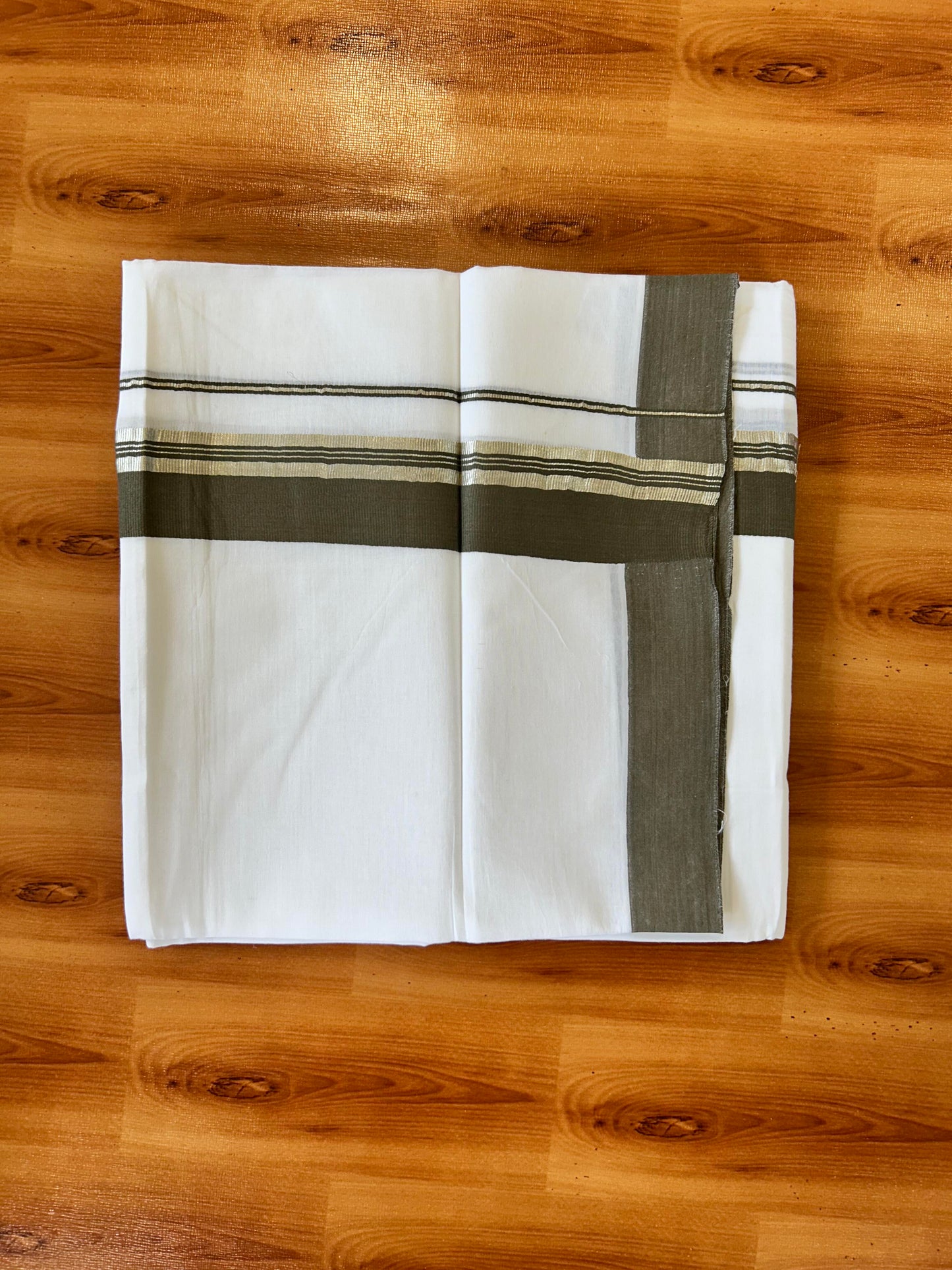 Pure White Double Mundu/Dhoti - 20% Discount ! Kaitharikada 100% Cotton - 100x80 - 1.75 inch Silver Kasav & Deep Olive Green Stripes Kara 3.80 mtr (8 muzham) - 20 KK5456 THI