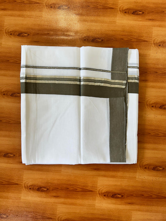 Pure White Double Mundu/Dhoti - 20% Discount ! Kaitharikada 100% Cotton - 100x80 - 1.75 inch Silver Kasav & Deep Olive Green Stripes Kara 3.80 mtr (8 muzham) - 20 KK5456 THI