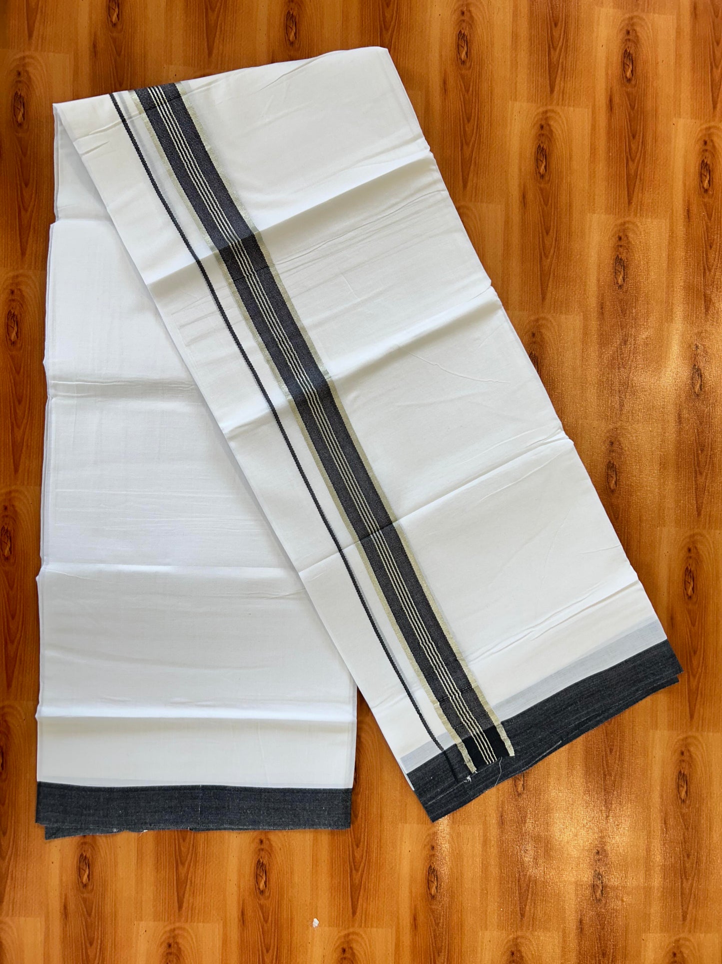 Pure White Double Mundu/Dhoti - 20% Discount ! Kaitharikada 100% Cotton - 100x80 - 1.75 inch Silver Kasav & Black Stripes Kara 3.80 mtr (8 muzham) - 19 KK5456 THI