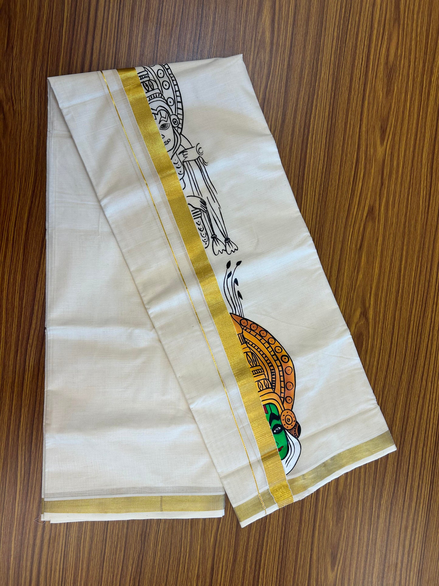 20% Discount! KaithariKada Balaramapuram 100% Cotton off white Double - (Unbleached) Mundu/Dhoti (80s) - 1 Inch Gold Kasavu Hand Painted Kadhakali - 26 KK5363 VIN