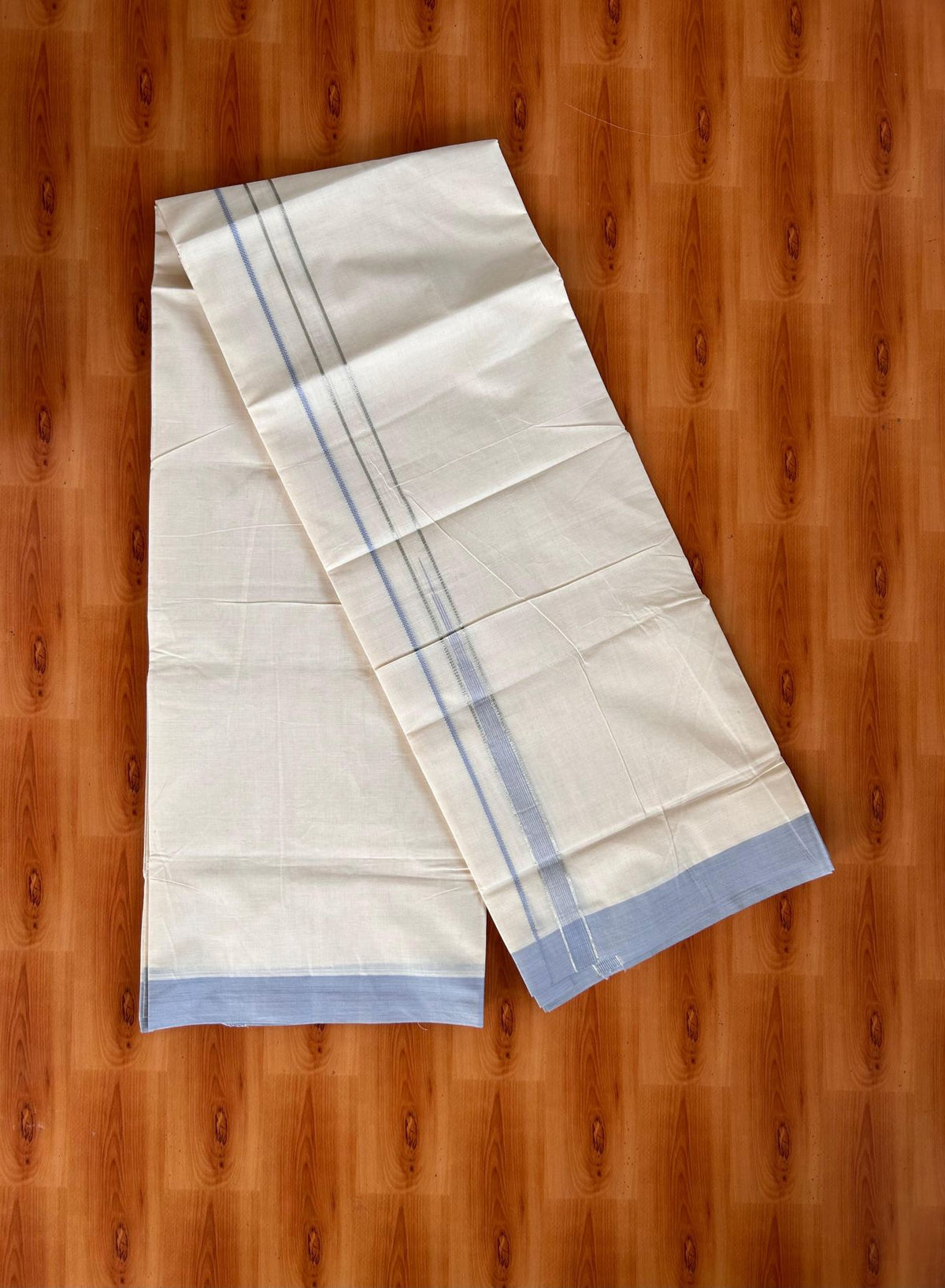Double Off White (Unbleached) Mundu/Dhoti - 20% Discount! KaithariKada 100% Cotton - 80X90 - 0.75 inch Powder Blue Silver kasav Striped Chutty Kara 4 mtr (8.5 Muzham) - 23 KK5520 PMC