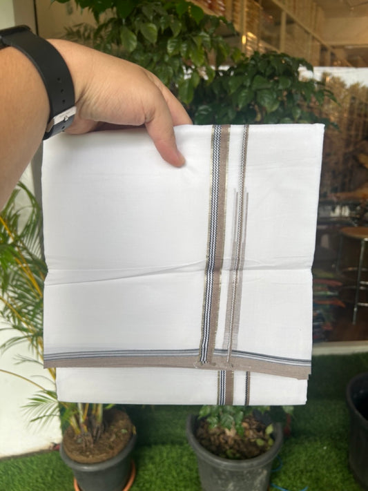 20% Discount !! Kaitharikada Balaramapuram 100% Cotton PURE WHITE DOUBLE Mundu/Dothi- 100X80 Thread - 0.5 inch - Silver Kasavu Black & Grey Brown Design Chutty Kara - 4KK5184RAMS