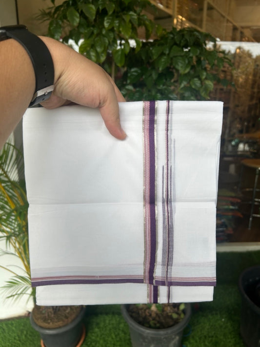 20% Discount !! Kaitharikada Balaramapuram 100% Cotton PURE WHITE DOUBLE Mundu/Dothi- 100X80 Thread - 0.5 inch - Silver Kasavu Red & Purple Design Chutty Kara - 13KK5184RAMS