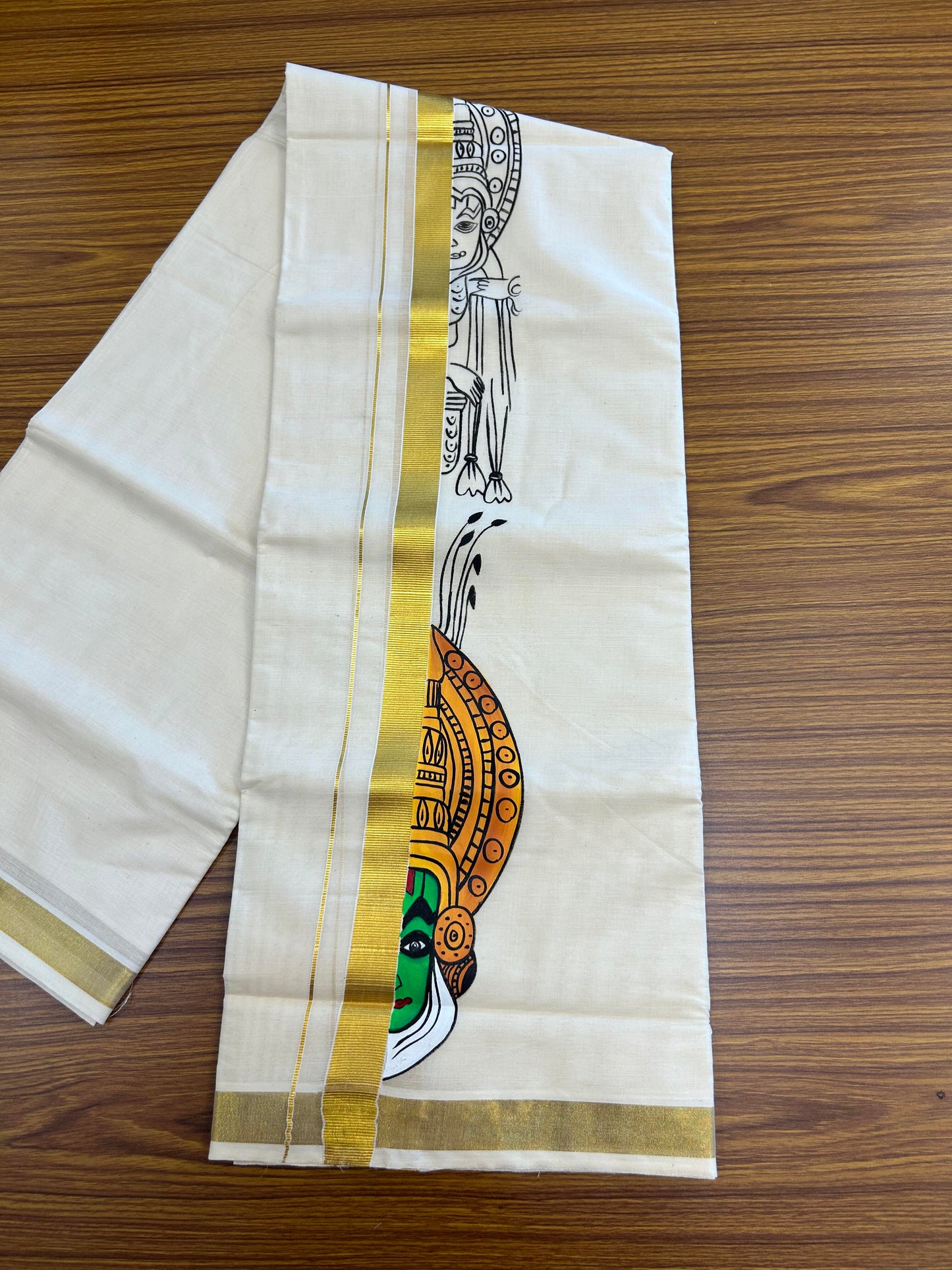 20% Discount! KaithariKada Balaramapuram 100% Cotton off white Double - (Unbleached) Mundu/Dhoti (80s) - 1 Inch Gold Kasavu Hand Painted Kadhakali - 26 KK5363 VIN