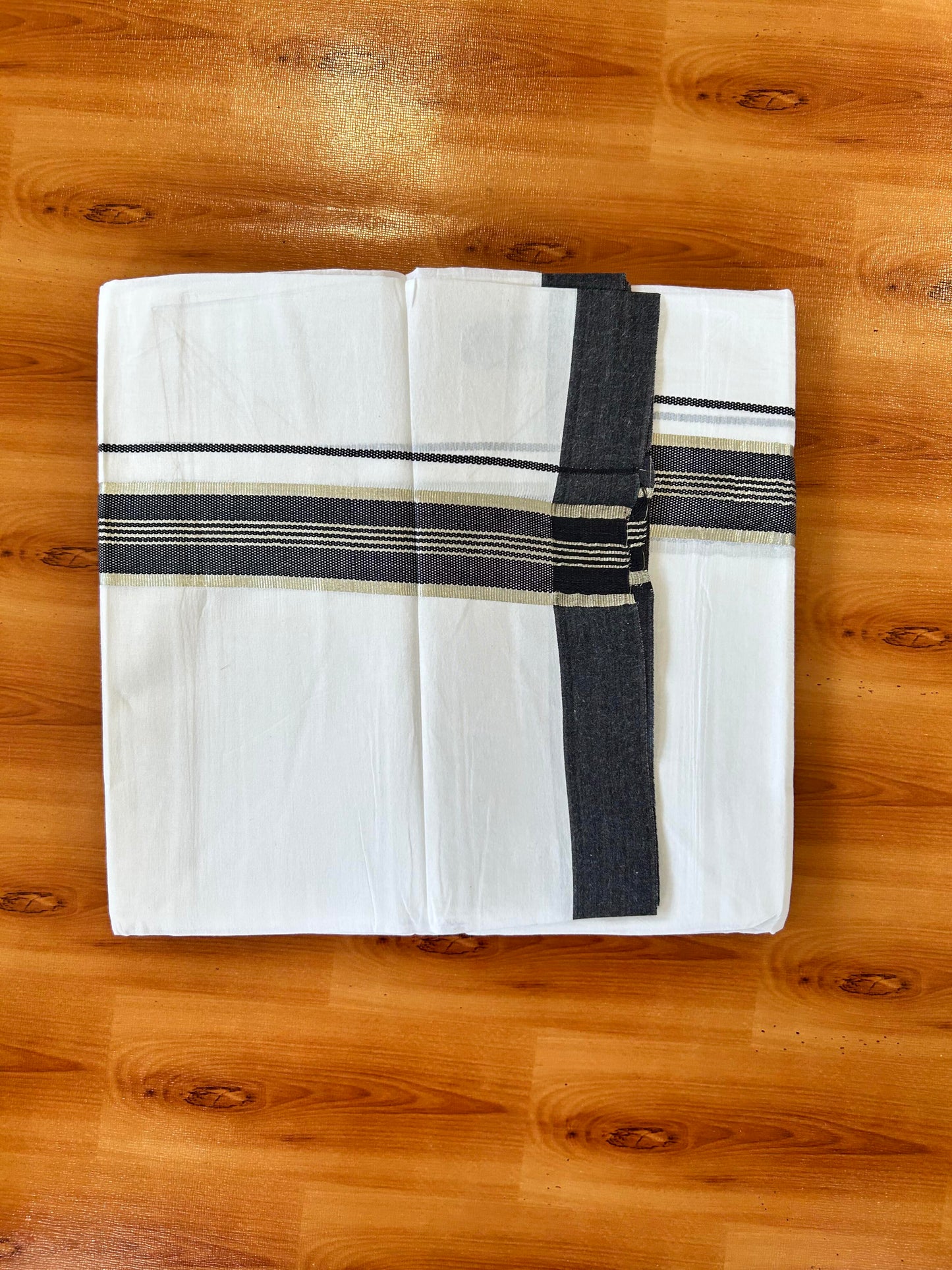 Pure White Double Mundu/Dhoti - 20% Discount ! Kaitharikada 100% Cotton - 100x80 - 1.75 inch Silver Kasav & Black Stripes Kara 3.80 mtr (8 muzham) - 19 KK5456 THI